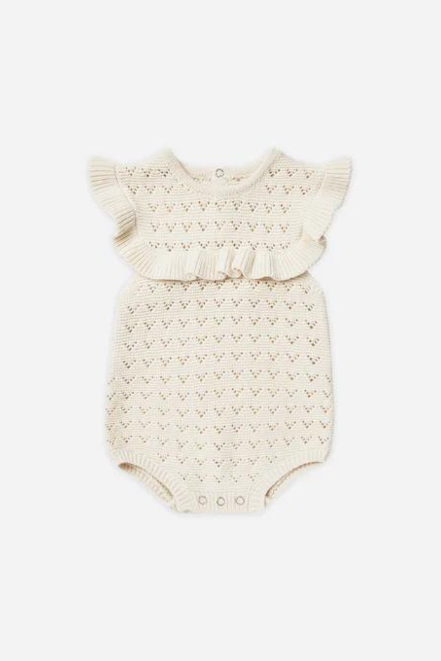 Quincy Mae Pointelle Ruffle Romper - Natural