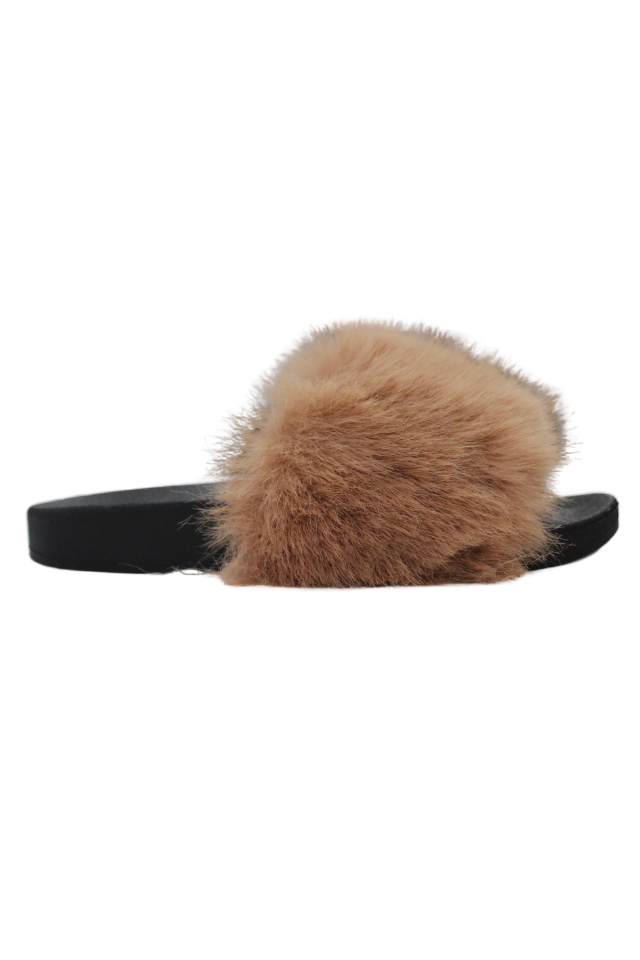 Fabulous Furs Fur Trimmed Slides Camel Seaside Shoes Swim