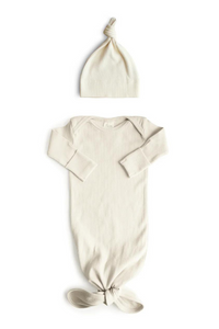 Mushie Ribbed Knotted Baby Gown + Beanie Set - Ivory