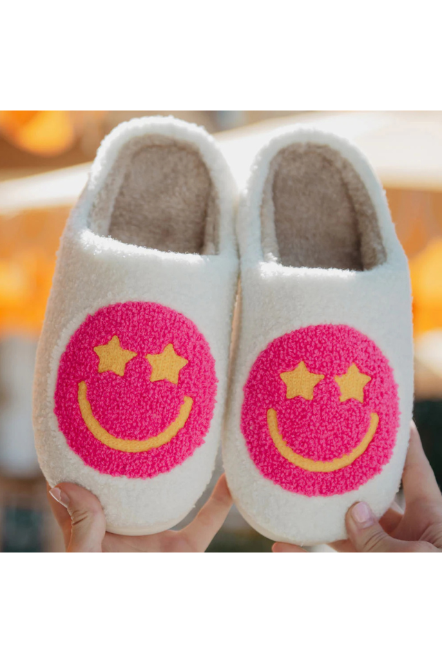 Girls Plush Smiley Face w/Star Eyes Slippers