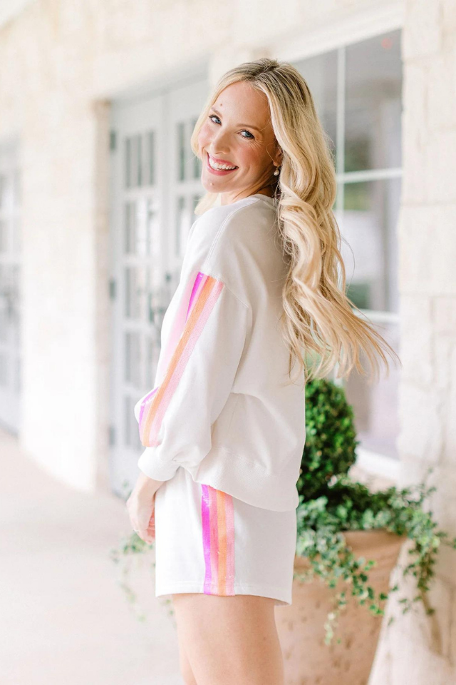 Mary Square Millie Sequin Stripe Set - White