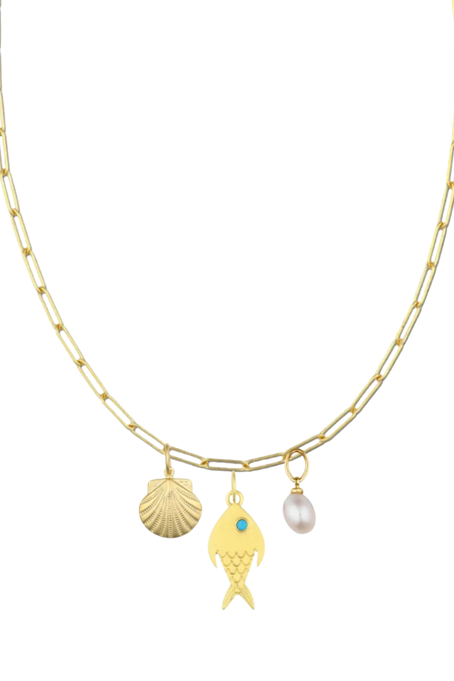 HART 18" Long Link Chain with Fish, Gold Scallop and Cloud Pearl