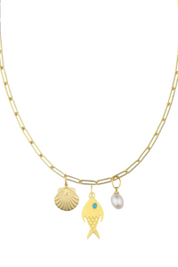 HART 18" Long Link Chain with Fish, Gold Scallop and Cloud Pearl