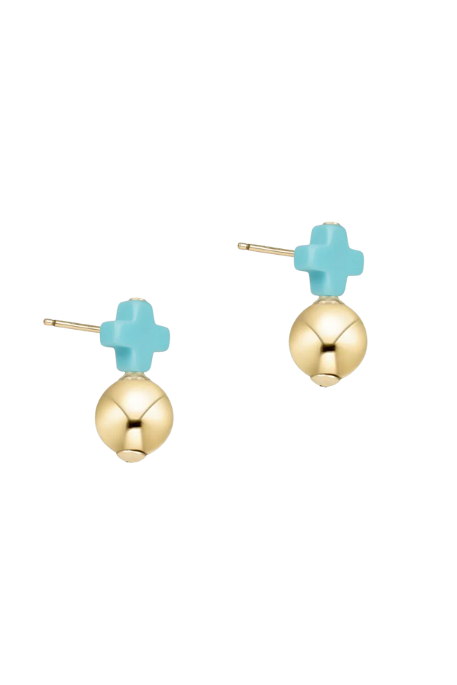 Gold and turquoise earrings on a white background. Gold beaded bracelet on a white background. enewton. 14k gold, tarnish free. low price. 