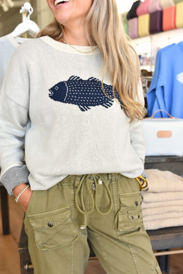 Boxy Sweater Fish - Natural/Navy