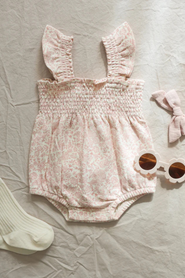 Quincy Mae Smocked Ruffle Sleeve Romper - Pink Blossom