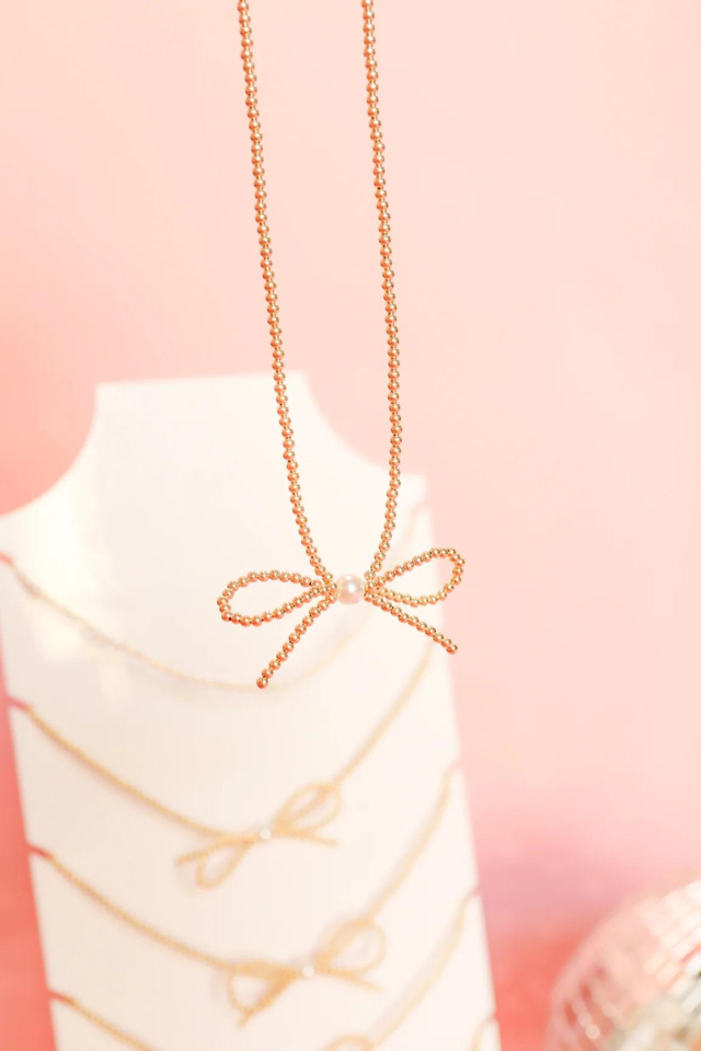 BB Big Bow Beaded Gold Necklace