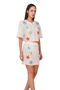 A&B Coastel Patch Crochet Embellished Crop Oversized Shirt