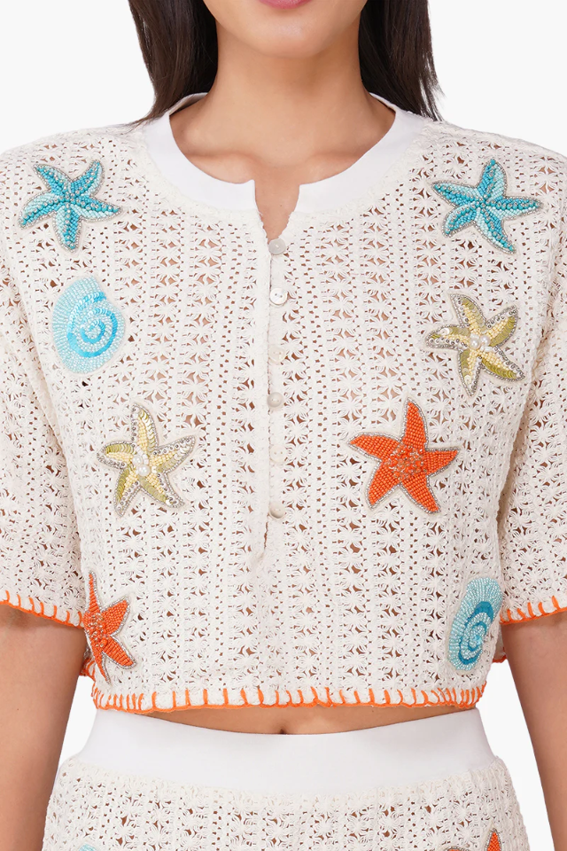 A&B Coastel Patch Crochet Embellished Crop Oversized Shirt