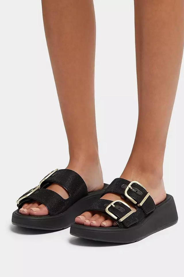 Fit Flop F-Mode Buckle Shimmerlux Flatform Two-Bar Slides - Black