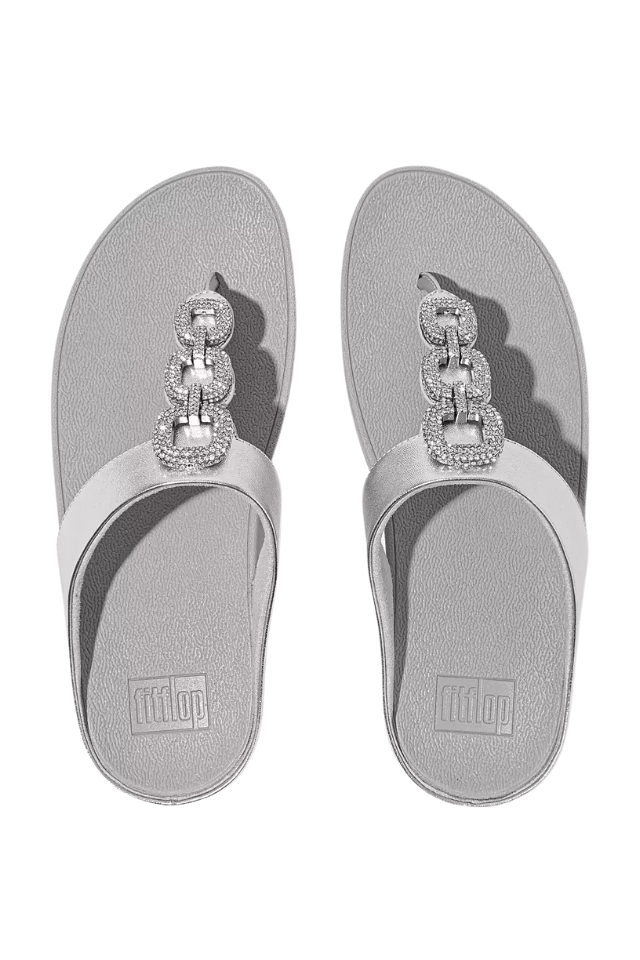 Fit Flop Fino Crystal-Chain Leather Toe Post Sandals - Classic Beige