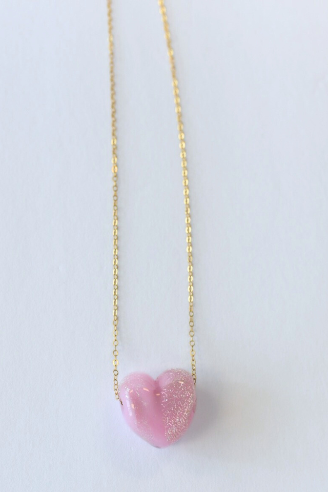 Village Beads Bankston Glassworks Heart 14" Necklace - Pink