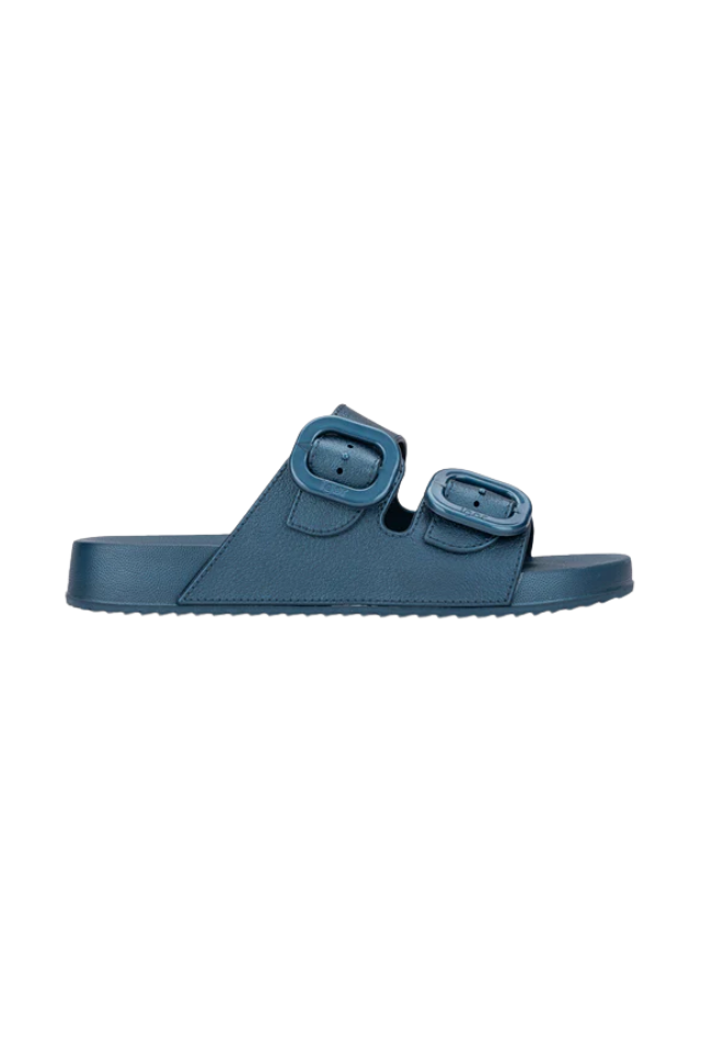 Blue sandal with double straps on a white background. sandals. summer. beach. buckle. igor. birkenstock
