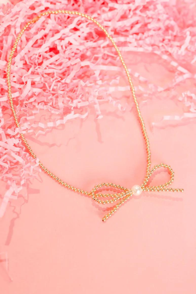 BB Big Bow Beaded Gold Necklace