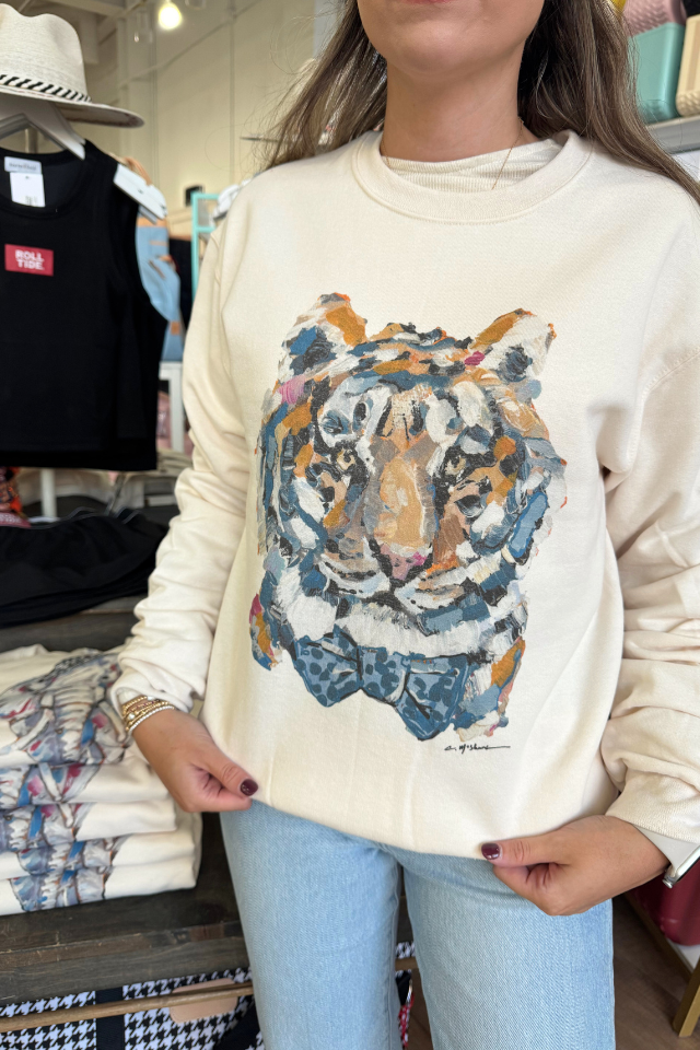 Chelsea McShane Sweatie Natural Tiger Blue Bowtie Sweatshirt