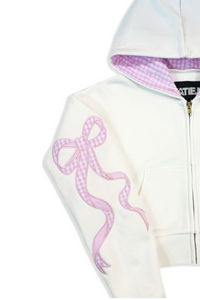 KatieJ NYC Dylan Bow Crop Zip Hoodie - Pink Seersucker