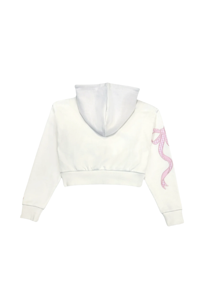 KatieJ NYC Dylan Bow Crop Zip Hoodie - Pink Seersucker