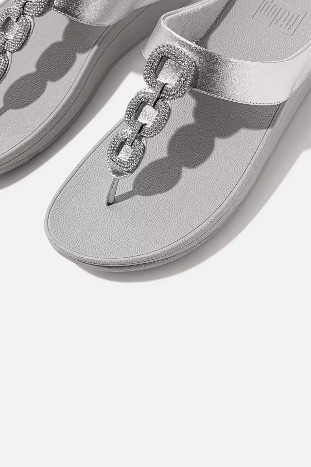 Fit Flop Fino Crystal-Chain Leather Toe Post Sandals - Classic Beige