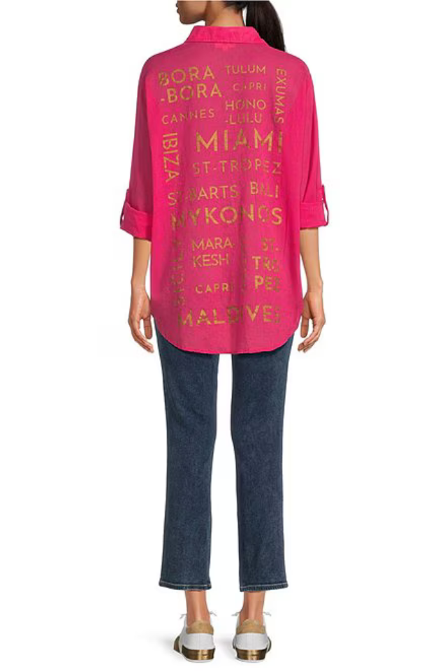 Elan 2 Top Button Down - Hot Pink