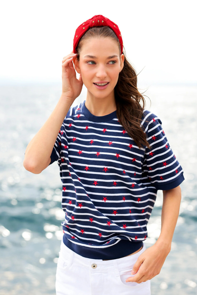 Stripes Short Sleeve Sweatshirt - Navy/White