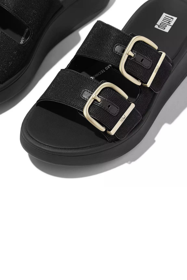 Fit Flop F-Mode Buckle Shimmerlux Flatform Two-Bar Slides - Black