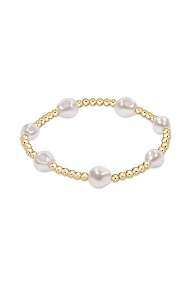 A bracelet with 3mm 14kt gold-filled beads and 8mm faceted pearl coin, hand beaded on high performance elastic. bracelets, bracelet, Jewelry, enewton, accesssories, trends, trendy, pearl, gold, silver, jewelry, stack, stacks, cross, symbol, classic, 2025, summer, spring, winter, fall, jewels, stone, handmade, everyday, every, day, layered, layer, delicate