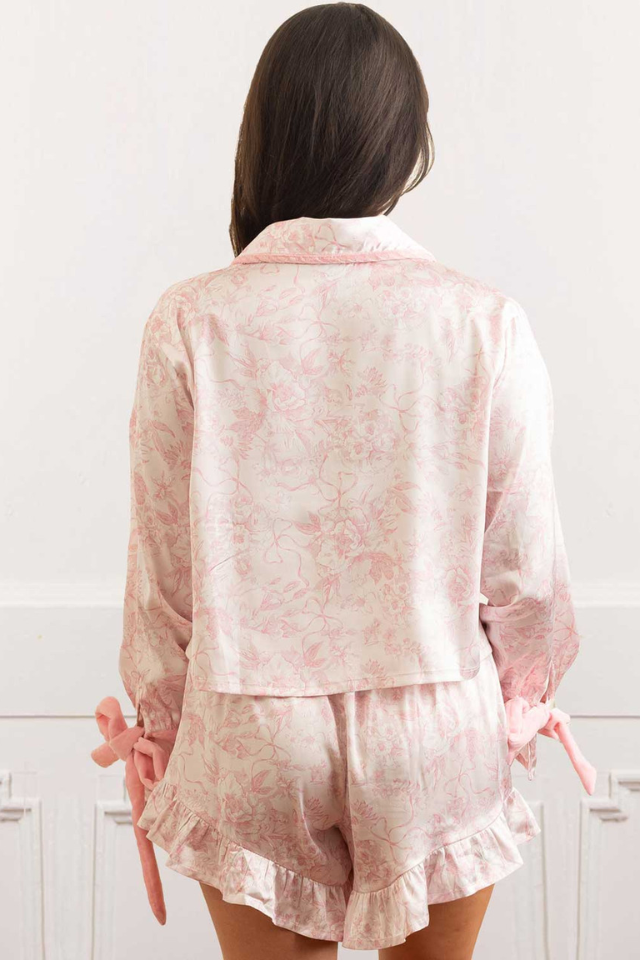 8 Oak Lane Satin Ruffle PJ Short Set - Pink Bow Toile