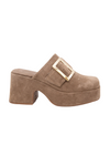 Brown suede clog shoe with a gold buckle on a white background. fall, buckle, autumn, suede, brown, chocolate