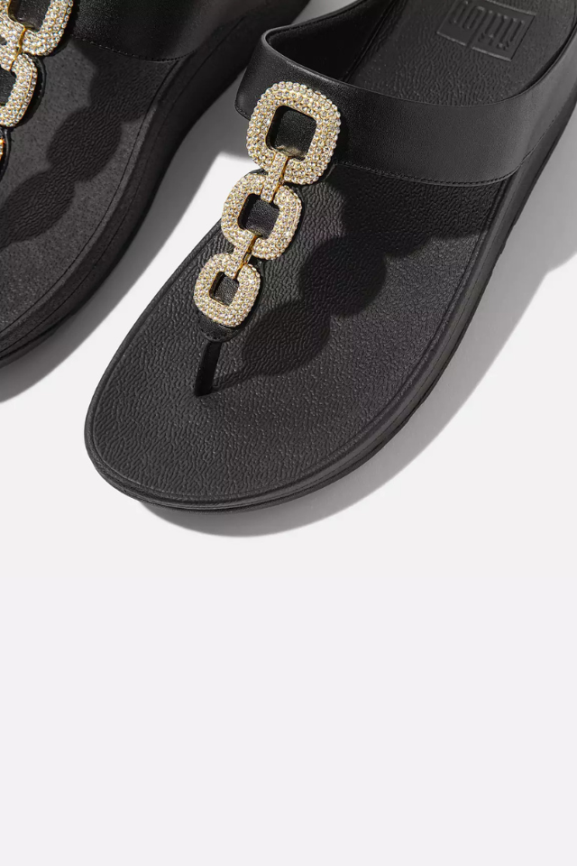 Fit Flop Fino Crystal Chain Leather Toe Post Sandal - Black