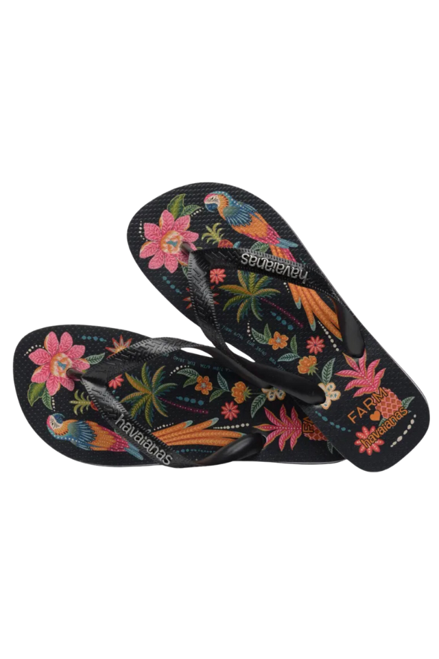 Havaianas Farm Rio Black Parrots Flip Flops Black Seaside Shoes Swim