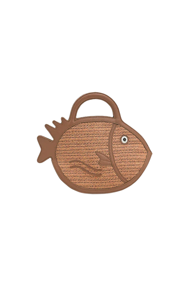 A&B Brown Trim Fish Raffia Handheld Clutch