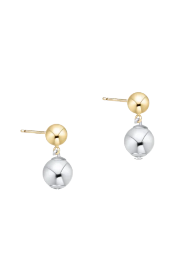 Pair of earrings with gold and silver beads on a white background. gold. silver. enewton. tarnishfree. metallic. stackable. bracelets.