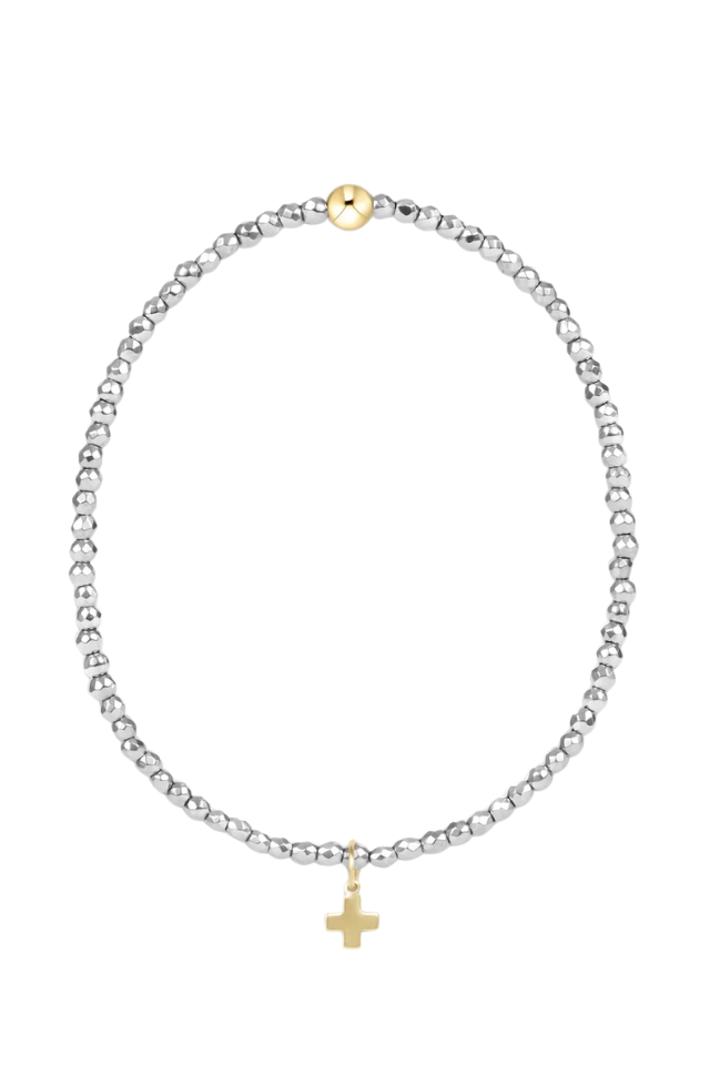Necklace with beaded chain and gold cross pendant on a white background. gold. silver. enewton. tarnishfree. metallic. stackable. bracelets.