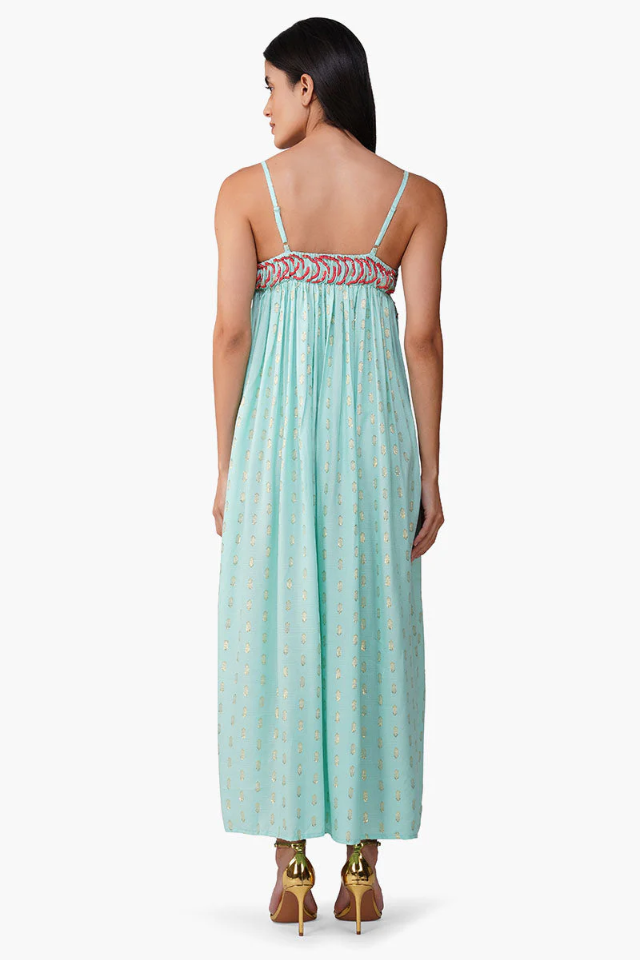 A&B Embellished Aqua Ariel Flared Maxi Dress