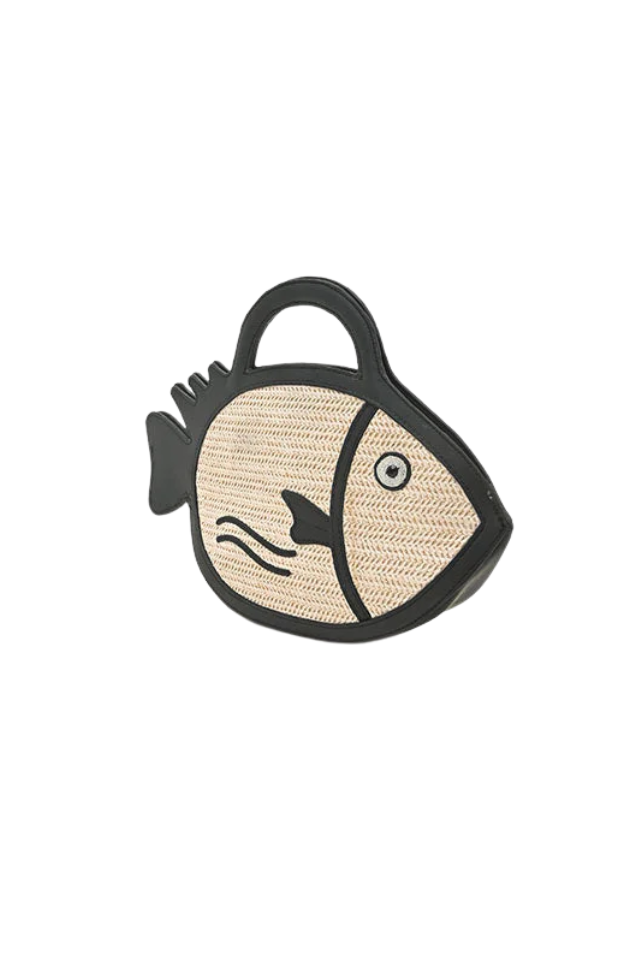 A&B Black Trim Fish Raffia Handheld Clutch