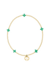Gold bracelet with green crosses on a white background.Gold beaded bracelet on a white background. enewton. 14k gold, tarnish free. low price. camp mystic 