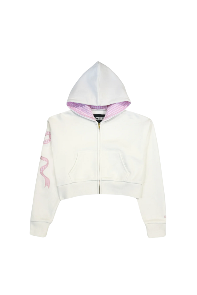 KatieJ NYC Dylan Bow Crop Zip Hoodie - Pink Seersucker