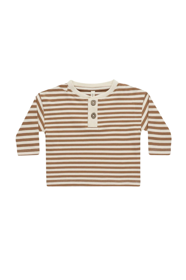 Quincy Mae Long Sleeve Henley Tee - Cinnamon Stripe