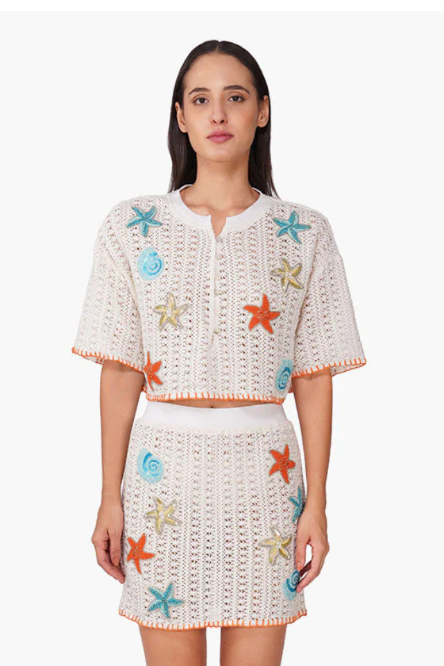 A&B Coastel Patch Crochet Embellished Crop Oversized Shirt