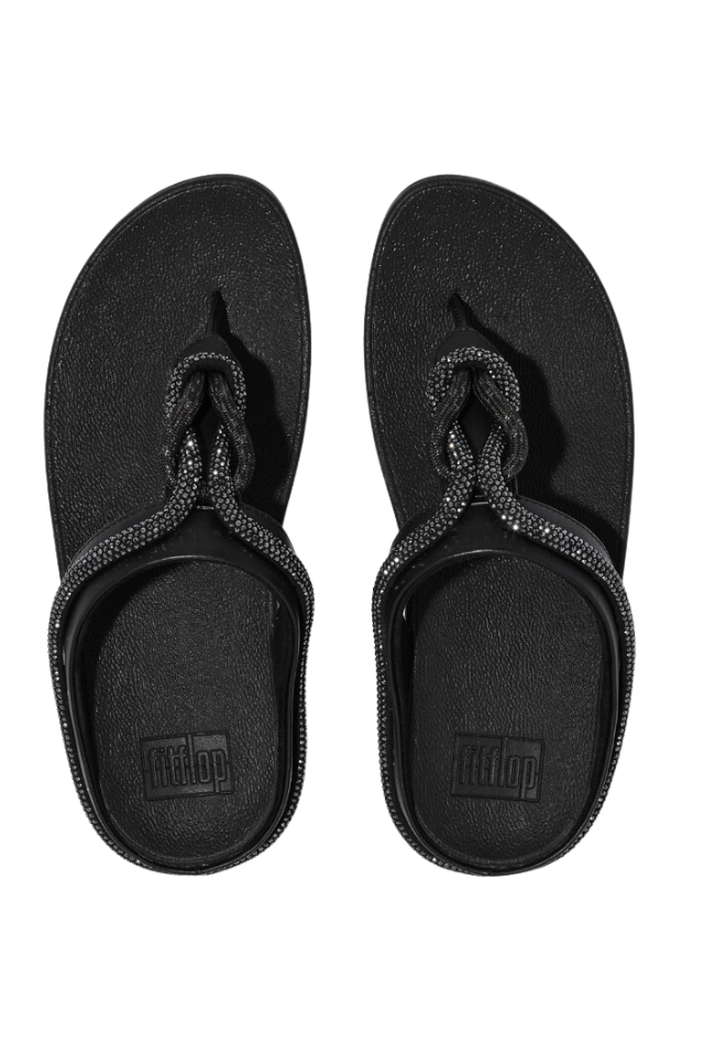 Fit Flop Fino Crystal-Cord Leather Toe-Post Sandal - Black