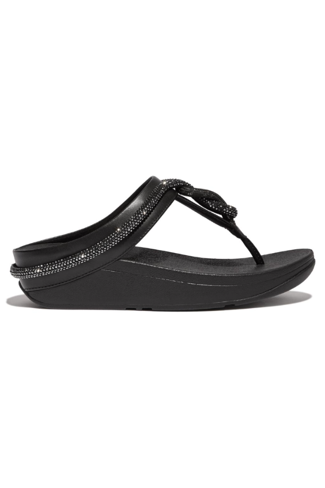 Fit Flop Fino Crystal-Cord Leather Toe-Post Sandal - Black