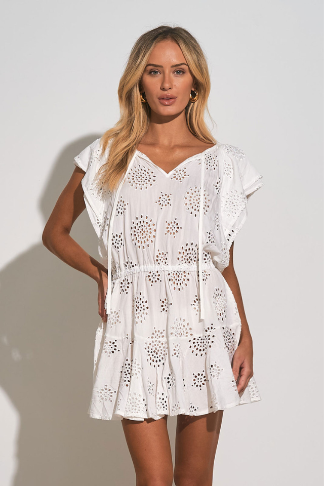 Elan Short Sleeve Elastic Dress - White