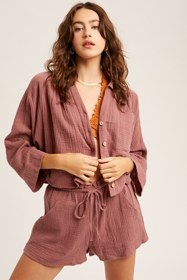 Listicle Textured Cotton Button Down Shirt and Pant Set - Red Bean