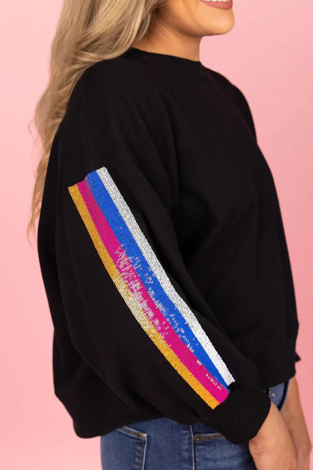 Mary Square Millie Sequin Stripe Sweatshirt - Black