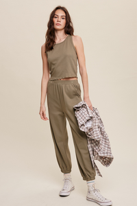 Listicle Knit Crop Top and Jogger Pants Set - Olive