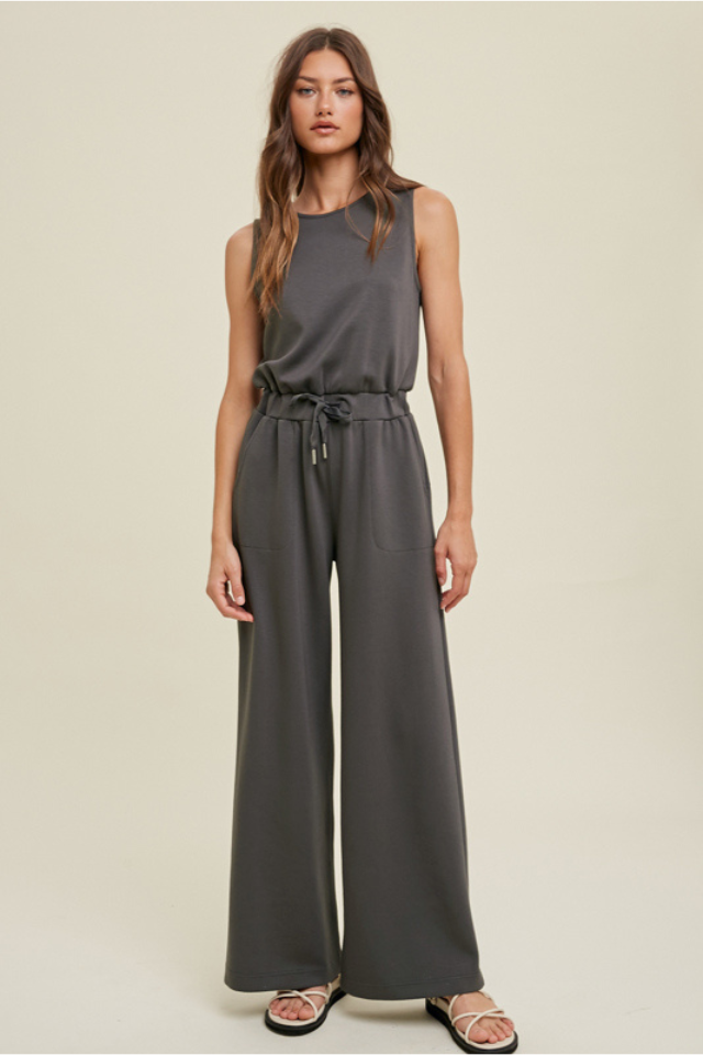 Wishlist Wide Leg Scuba Jumpsuit with Drawstring - Charcoal