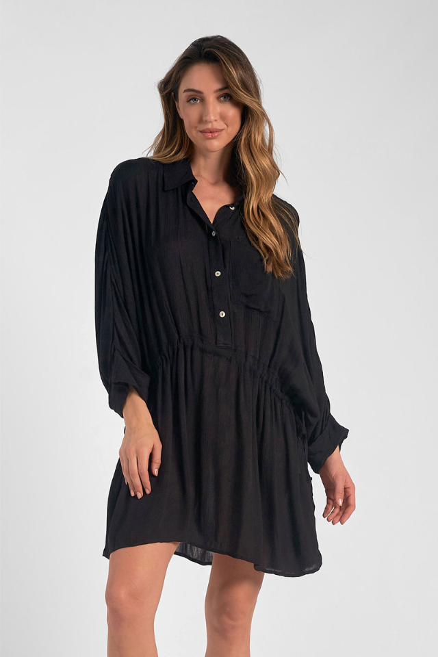 Elan Cinched Long Sleeve Tunic - Black