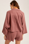 Listicle Textured Cotton Button Down Shirt and Pant Set - Red Bean