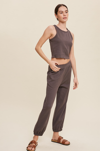 Listicle Knit Crop Top and Jogger Pants Set - Charcoal